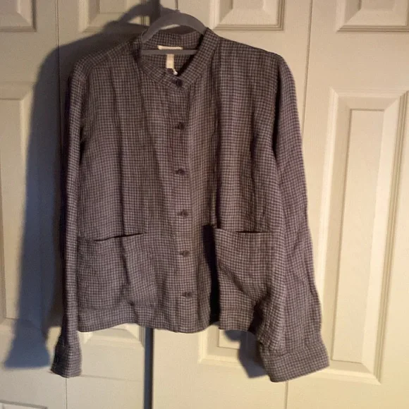 Eileen Fisher NWT Checkered Organic Cotton Mandarin Collar Button Down Shacket